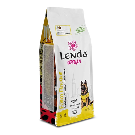 Lenda Urban Farm 15kg Natural Dog Food for Medium/Maxi Dogs with 36.5% Chicken, Pork, and Beef, enriched with Glucosamine and Chondroitin for joint health, promotes immune support with natural ingredients.