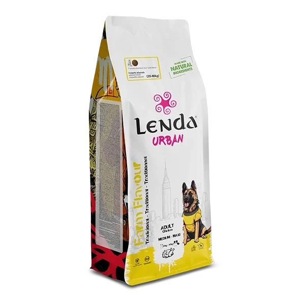Lenda Urban Farm 15kg Natural Dog Food for Medium/Maxi Dogs with 36.5% Chicken, Pork, and Beef, enriched with Glucosamine and Chondroitin for joint health, promotes immune support with natural ingredients.
