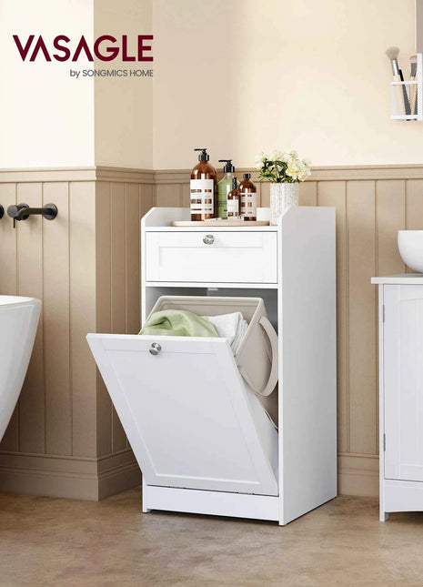 Vasagle bathroom cabinet with dirty clothes basket, bathroom furniture with 1 drawer and 1 dirty clothes basket, removable inner bag with handles, 40 x 40 x 80.2 cm, cloud white