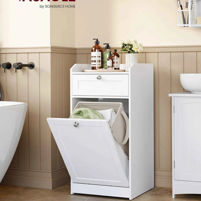 Vasagle bathroom cabinet with dirty clothes basket, bathroom furniture with 1 drawer and 1 dirty clothes basket, removable inner bag with handles, 40 x 40 x 80.2 cm, cloud white