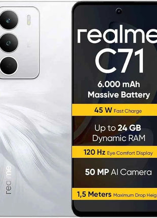 REALME C71 8GB/256GB smartphone with 6.67" HD+ display, 120 Hz refresh rate, 50 MP AI camera, 6300 mAh battery, and 45W SuperVOOC charging, running Android 15, perfect for multimedia and daily use.