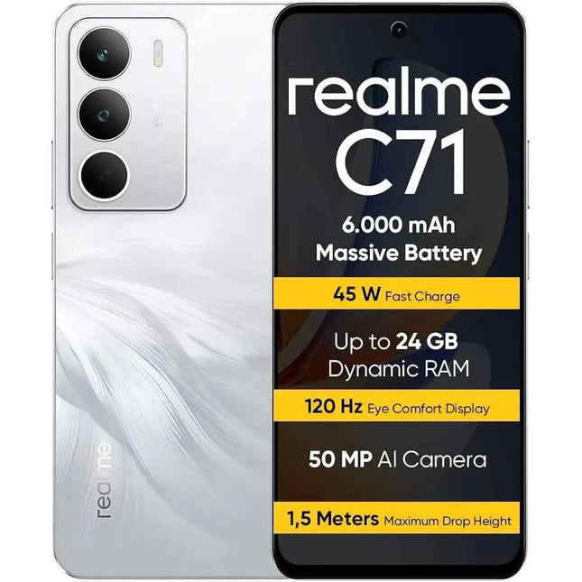 REALME C71 8GB/256GB smartphone with 6.67" HD+ display, 120 Hz refresh rate, 50 MP AI camera, 6300 mAh battery, and 45W SuperVOOC charging, running Android 15, perfect for multimedia and daily use.