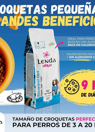 Lenda Urban Light - Natural Low-Calorie Dog Food for Mini and Medium Breeds, with 32% Protein and Joint Support (Glucosamine, Chondroitin) for Digestive Health, made from Natural Ingredients like Corn and Rice.