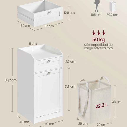 Vasagle bathroom cabinet with dirty clothes basket, bathroom furniture with 1 drawer and 1 dirty clothes basket, removable inner bag with handles, 40 x 40 x 80.2 cm, cloud white