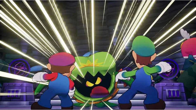 Mario & Luigi Fraternauti Alla Carica (Brothership) Switch UK, Nintendo Switch game featuring Italian audio, exploring Elettria with cooperative gameplay, and unique brotherly actions to overcome challenges and fight.