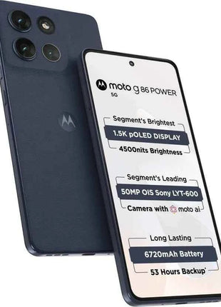 Moto G86 POWER smartphone 5G with 8GB RAM and 512GB storage, 6.67" pOLED Super HD display, MediaTek Dimensity 7300 processor, dual 50MP+8MP camera, 6720mAh battery with TurboPower 30W, Android 15, IP68/IP69 rated.