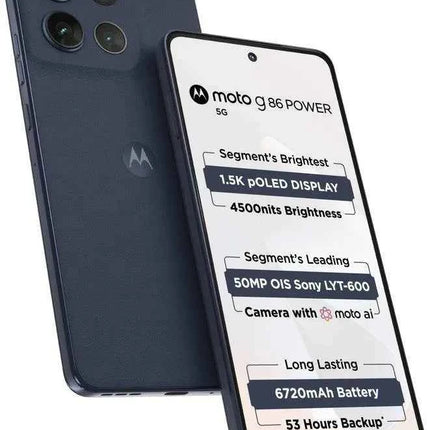 Moto G86 POWER smartphone 5G with 8GB RAM and 512GB storage, 6.67" pOLED Super HD display, MediaTek Dimensity 7300 processor, dual 50MP+8MP camera, 6720mAh battery with TurboPower 30W, Android 15, IP68/IP69 rated.