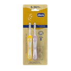 Chicco Yellow + Purple Toothbrush 6-36M, orthodontic design for infants promoting early dental hygiene with soft bristles, ideal for kids from the first months of life.