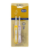 Chicco Yellow + Purple Toothbrush 6-36M, orthodontic design for infants promoting early dental hygiene with soft bristles, ideal for kids from the first months of life.