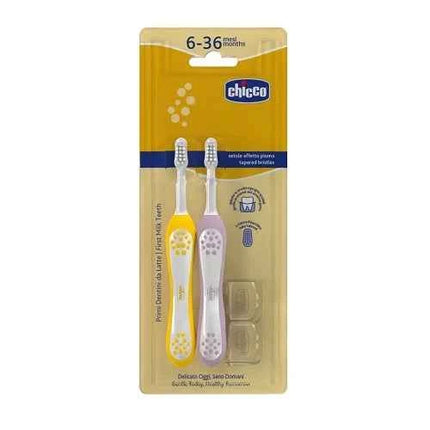 Chicco Yellow + Purple Toothbrush 6-36M, orthodontic design for infants promoting early dental hygiene with soft bristles, ideal for kids from the first months of life.