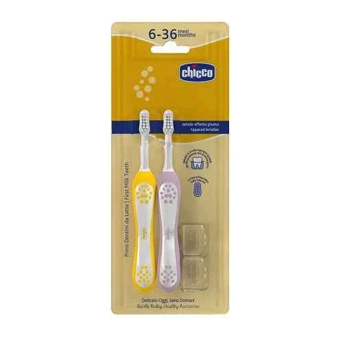 Chicco Yellow + Purple Toothbrush 6-36M, orthodontic design for infants promoting early dental hygiene with soft bristles, ideal for kids from the first months of life.