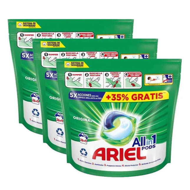 Ariel all-in-1 pods liquid detergent – pack of 3 26+9 (total 105 capsules) |   Deep cleaning, easy dosage, for washing machine