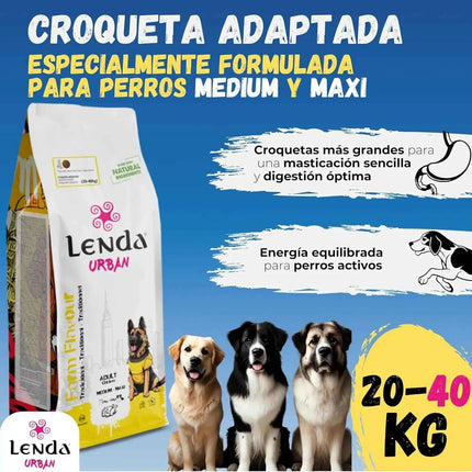 Lenda Urban Farm 15kg Natural Dog Food for Medium/Maxi Dogs with 36.5% Chicken, Pork, and Beef, enriched with Glucosamine and Chondroitin for joint health, promotes immune support with natural ingredients.