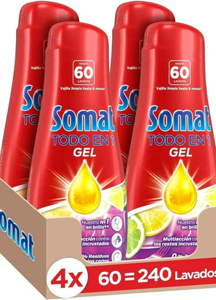 Somat all in 1 lemon lime gel (4 x 60 washes), liquid dishwashing detergent for dishes, effective dishwashing gel in eco and short cycles, cleans deeply