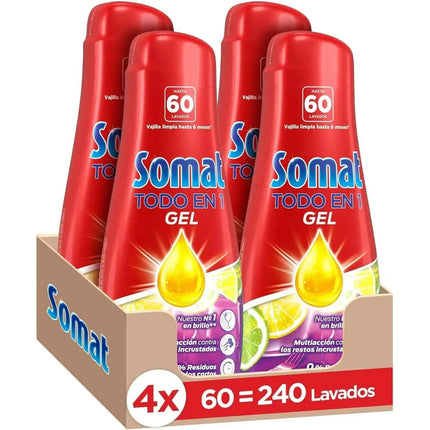 Somat all in 1 lemon lime gel (4 x 60 washes), liquid dishwashing detergent for dishes, effective dishwashing gel in eco and short cycles, cleans deeply