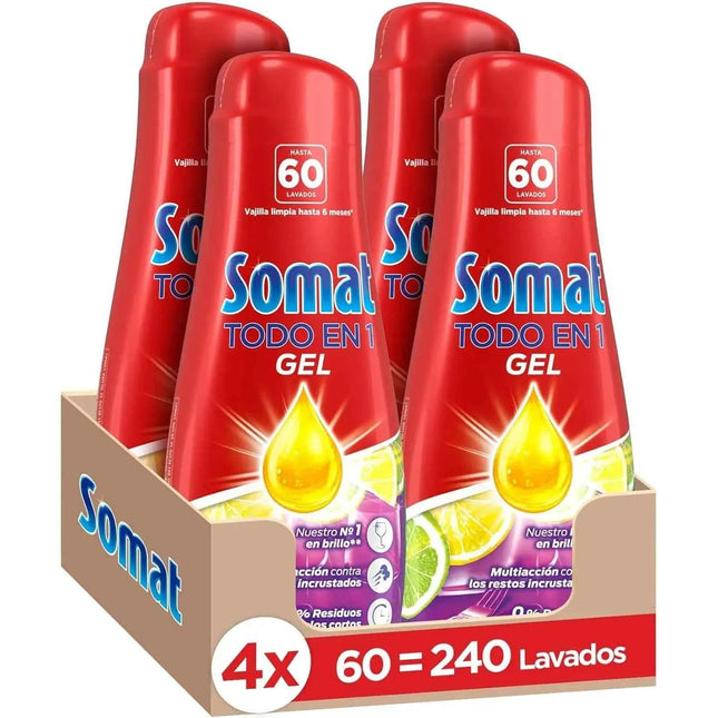 Somat all in 1 lemon lime gel (4 x 60 washes), liquid dishwashing detergent for dishes, effective dishwashing gel in eco and short cycles, cleans deeply