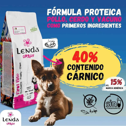 Lenda Urban First Bite Puppy – Natural Complete and Balanced Dog Food for Puppies, 30% Protein, with Chicken, Pork, and Beef, promoting Digestive Health, Granule Format.