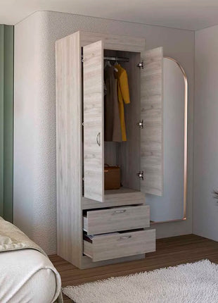 Armadio Lisbon in melaminico con 2 ante, 1 ripiano, 1 binario per appendere i vestiti e 2 cassetti con binari metallici, grigio, 179 cm x 59,2 cm x 48 cm