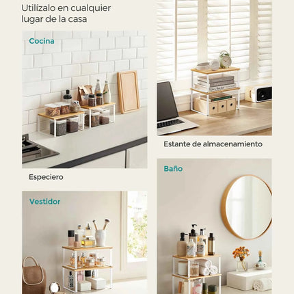 SONGMICS Spice Rack Set of 2, Extendable Kitchen Organizer, Adjustable Metal and Engineered Wood Shelves in Cloud White and Natural Beige, supports up to 15kg for spices and utensils, easy to assemble with illustrated instruc