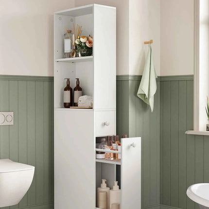 VASAGLE Tall Bathroom Cabinet, a space-saving storage solution with a classic white MDF design, featuring adjustable shelves and drawers, perfect for small spaces.