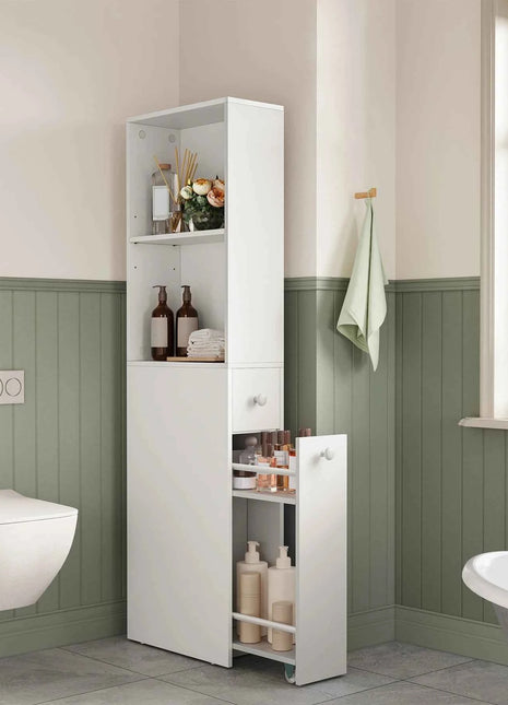 VASAGLE Tall Bathroom Cabinet, a space-saving storage solution with a classic white MDF design, featuring adjustable shelves and drawers, perfect for small spaces.