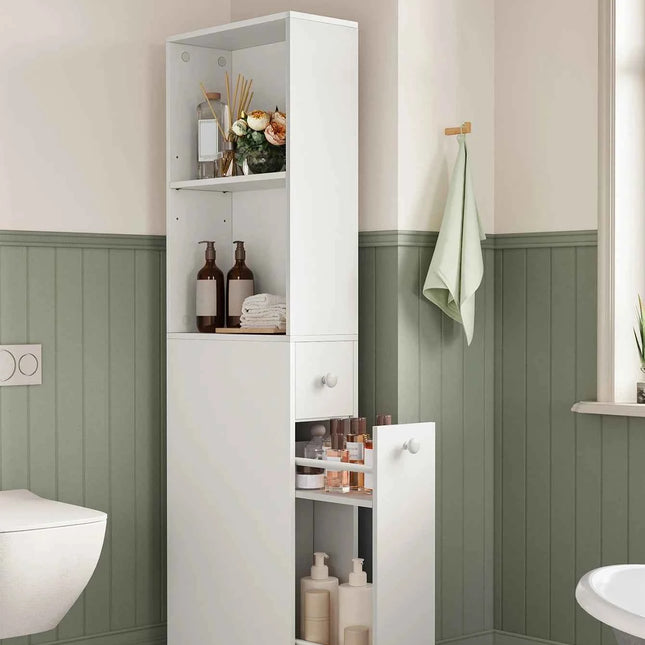 VASAGLE Tall Bathroom Cabinet, a space-saving storage solution with a classic white MDF design, featuring adjustable shelves and drawers, perfect for small spaces.