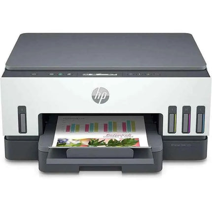 HP Smart Tank 7005 multifunction printer with duplex and Wi-Fi, refillable ink system for high-volume printing up to 15ppm, includes original HP ink for low-cost per page, eco-friendly design with recycled materials.