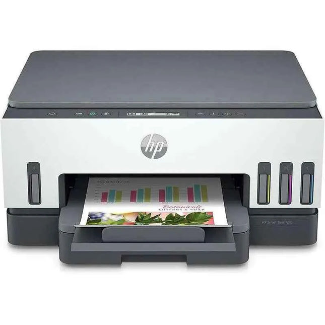 HP Smart Tank 7005 multifunction printer with duplex and Wi-Fi, refillable ink system for high-volume printing up to 15ppm, includes original HP ink for low-cost per page, eco-friendly design with recycled materials.