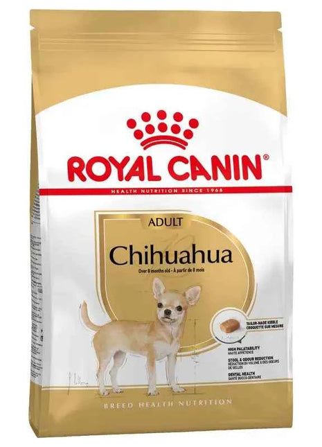 Royal Canin Chihuahua Adult Dog Food 1.5Kg - Complete nutrition for Chihuahuas over 8 months, features reduced feces odor, dental care, and high digestibility for optimal health and appetite stimulation.