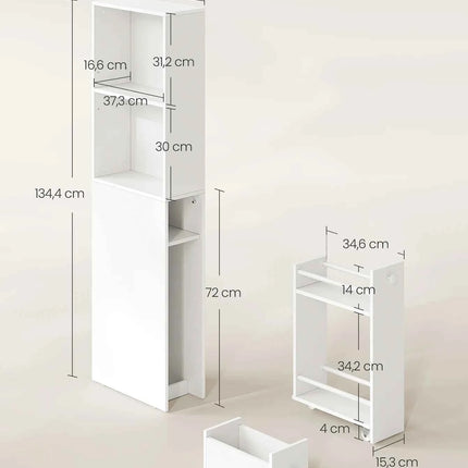 VASAGLE Tall Bathroom Cabinet, a space-saving storage solution with a classic white MDF design, featuring adjustable shelves and drawers, perfect for small spaces.