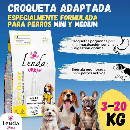 Lenda Urban Farm Chicken - Natural Dog Food for Mini-Medium Breeds, high protein content 36.5%, suitable for adult dogs, supports bone health with meat-based ingredients like chicken, pork, and beef.