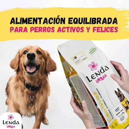 Lenda Urban Farm 15kg Natural Dog Food for Medium/Maxi Dogs with 36.5% Chicken, Pork, and Beef, enriched with Glucosamine and Chondroitin for joint health, promotes immune support with natural ingredients.