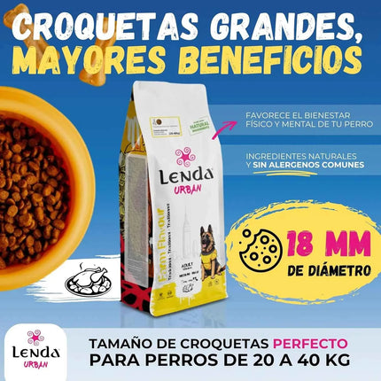 Lenda Urban Farm 15kg Natural Dog Food for Medium/Maxi Dogs with 36.5% Chicken, Pork, and Beef, enriched with Glucosamine and Chondroitin for joint health, promotes immune support with natural ingredients.