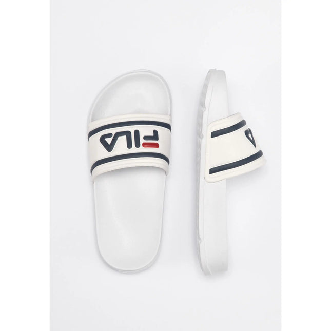 FILA | Infradito unisex per adolescenti, Morro Bay Slipper, 100% poliuretano, materiale sintetico, suola sintetica leggera e resistente, bianco e blu scuro, logo
