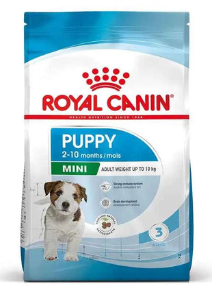 Royal Canin Mini Puppy 8KG dog food for small breed puppies up to 10 kg, with balanced nutrition, high energy for growth, and enriched with vitamins C and E for immune support and digestive health.