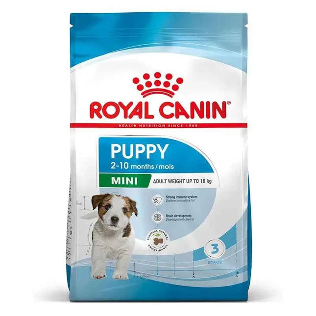 Royal Canin Mini Puppy 8KG dog food for small breed puppies up to 10 kg, with balanced nutrition, high energy for growth, and enriched with vitamins C and E for immune support and digestive health.