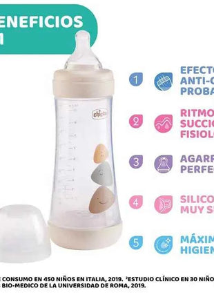 Chicco Perfect5 Baby Bottle 300ml 4M+ with fast flow, designed to adapt to the unique sucking rhythm of each baby, featuring a hygienic, extra soft silicone nipple for optimal grip and comfort.
