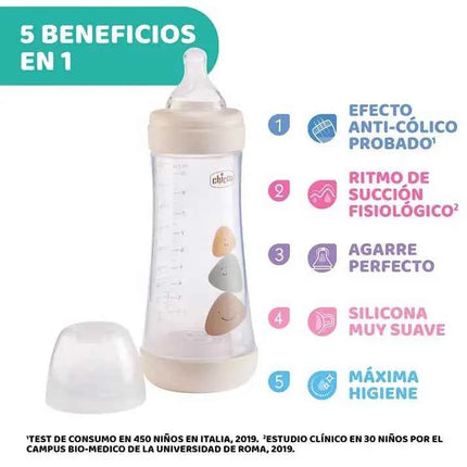 Chicco Perfect5 Baby Bottle 300ml 4M+ with fast flow, designed to adapt to the unique sucking rhythm of each baby, featuring a hygienic, extra soft silicone nipple for optimal grip and comfort.