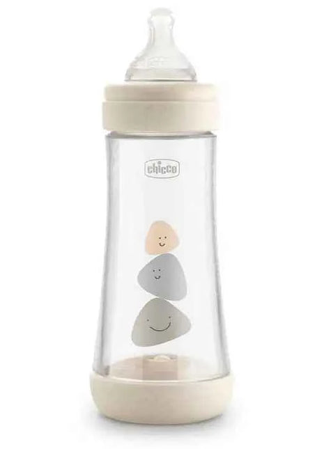 Chicco Perfect5 Baby Bottle 300ml 4M+ with fast flow, designed to adapt to the unique sucking rhythm of each baby, featuring a hygienic, extra soft silicone nipple for optimal grip and comfort.