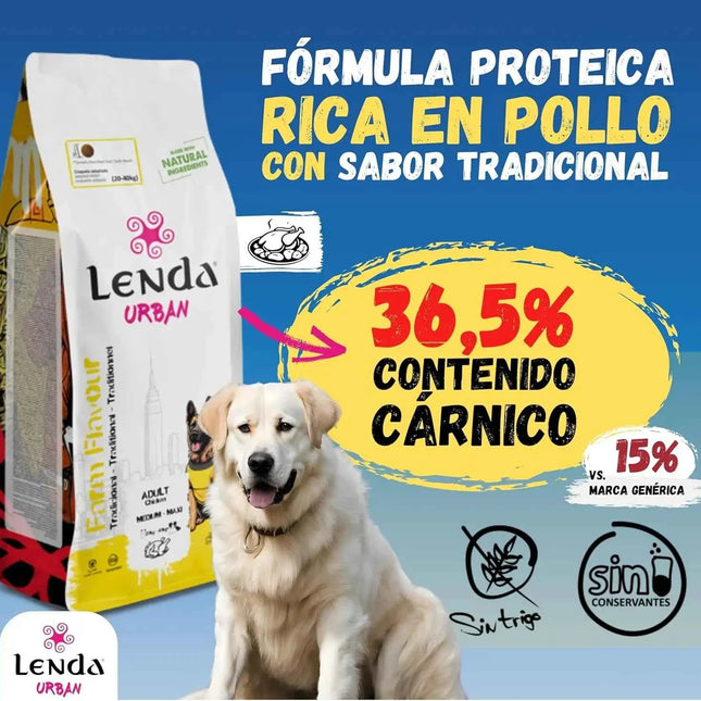 Lenda Urban Farm 15kg Natural Dog Food for Medium/Maxi Dogs with 36.5% Chicken, Pork, and Beef, enriched with Glucosamine and Chondroitin for joint health, promotes immune support with natural ingredients.
