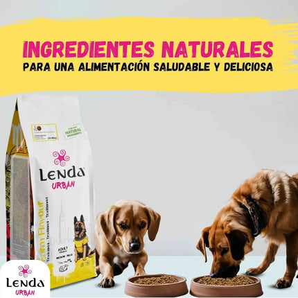 Lenda Urban Farm 15kg Natural Dog Food for Medium/Maxi Dogs with 36.5% Chicken, Pork, and Beef, enriched with Glucosamine and Chondroitin for joint health, promotes immune support with natural ingredients.