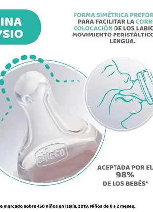 Chicco Perfect5 Baby Bottle 300ml 4M+ with fast flow, designed to adapt to the unique sucking rhythm of each baby, featuring a hygienic, extra soft silicone nipple for optimal grip and comfort.