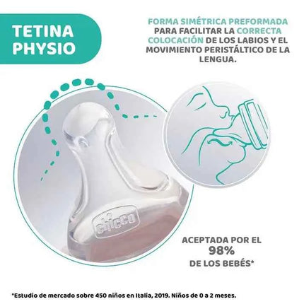 Chicco Perfect5 Baby Bottle 300ml 4M+ with fast flow, designed to adapt to the unique sucking rhythm of each baby, featuring a hygienic, extra soft silicone nipple for optimal grip and comfort.