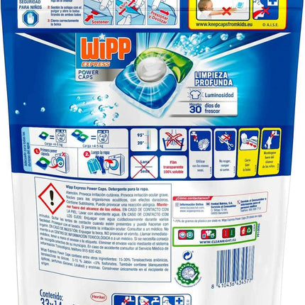 Pack of 3 or 4 packs (99 washes or 132 washes) of wipp express power caps detergent in washing machine, 33 doses, deep cleaning, effective in cold water