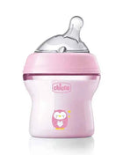 Chicco NaturalFeeling Baby Bottle 150ml (0m+) with normal flow, made of soft silicone, featuring an anti-colic double valve for reduced air intake, ideal for alternating between breast and bottle feeding.
