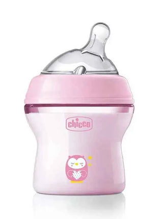 Chicco NaturalFeeling Baby Bottle 150ml (0m+) with normal flow, made of soft silicone, featuring an anti-colic double valve for reduced air intake, ideal for alternating between breast and bottle feeding.