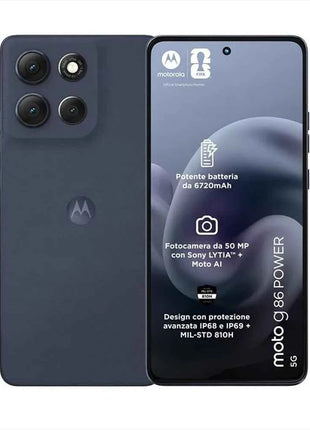 Moto G86 POWER smartphone 5G with 8GB RAM and 512GB storage, 6.67" pOLED Super HD display, MediaTek Dimensity 7300 processor, dual 50MP+8MP camera, 6720mAh battery with TurboPower 30W, Android 15, IP68/IP69 rated.