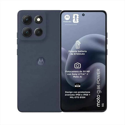 Moto G86 POWER smartphone 5G with 8GB RAM and 512GB storage, 6.67" pOLED Super HD display, MediaTek Dimensity 7300 processor, dual 50MP+8MP camera, 6720mAh battery with TurboPower 30W, Android 15, IP68/IP69 rated.