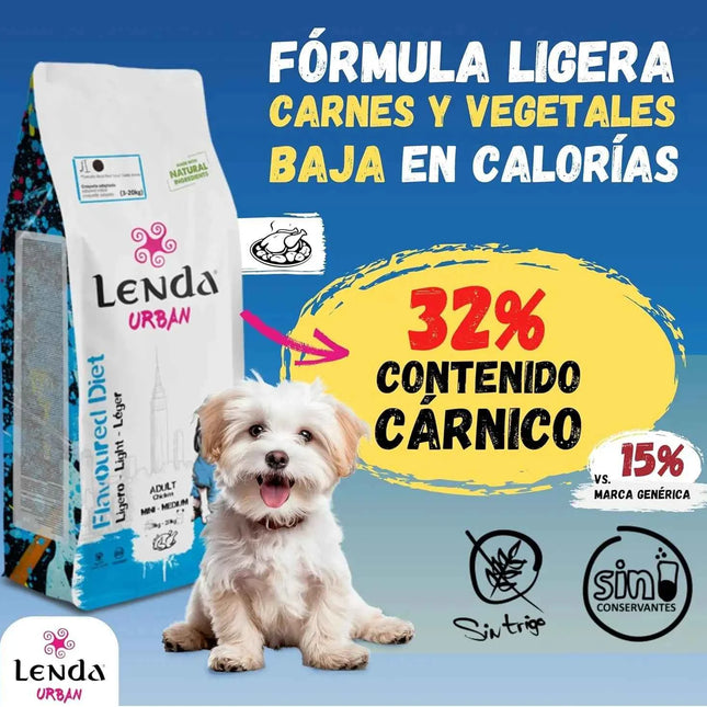 Lenda Urban Light - Natural Low-Calorie Dog Food for Mini and Medium Breeds, with 32% Protein and Joint Support (Glucosamine, Chondroitin) for Digestive Health, made from Natural Ingredients like Corn and Rice.