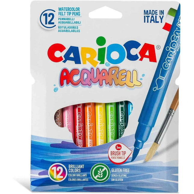 Carioca A53321012 - Set of 12 Washable Brush Tip Markers for Art, Multicolor, made in Italy, ideal for painting on paper, perfect for school supplies and creative projects.